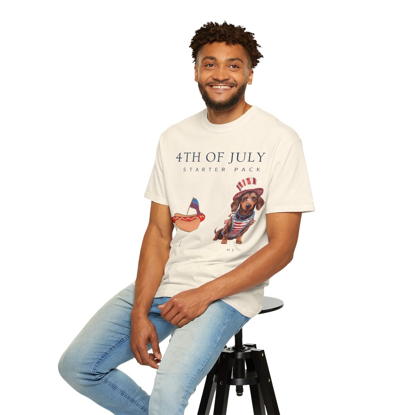 T-Shirt — "4th of July Starter Pack" Patriotic Dachshund Hot Dog Graphic Tee