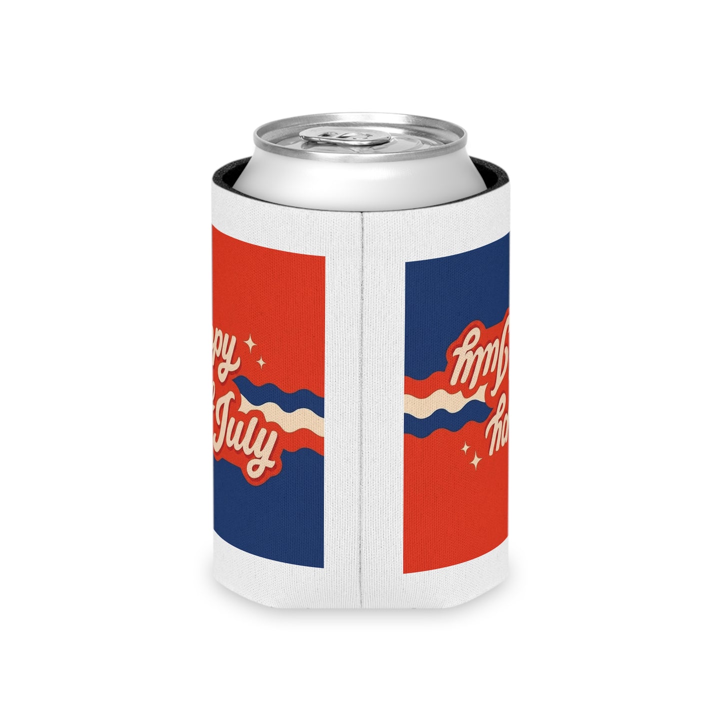 4th of July Can Cooler — "Happy 4th of July" Patriotic Beverage Koozie