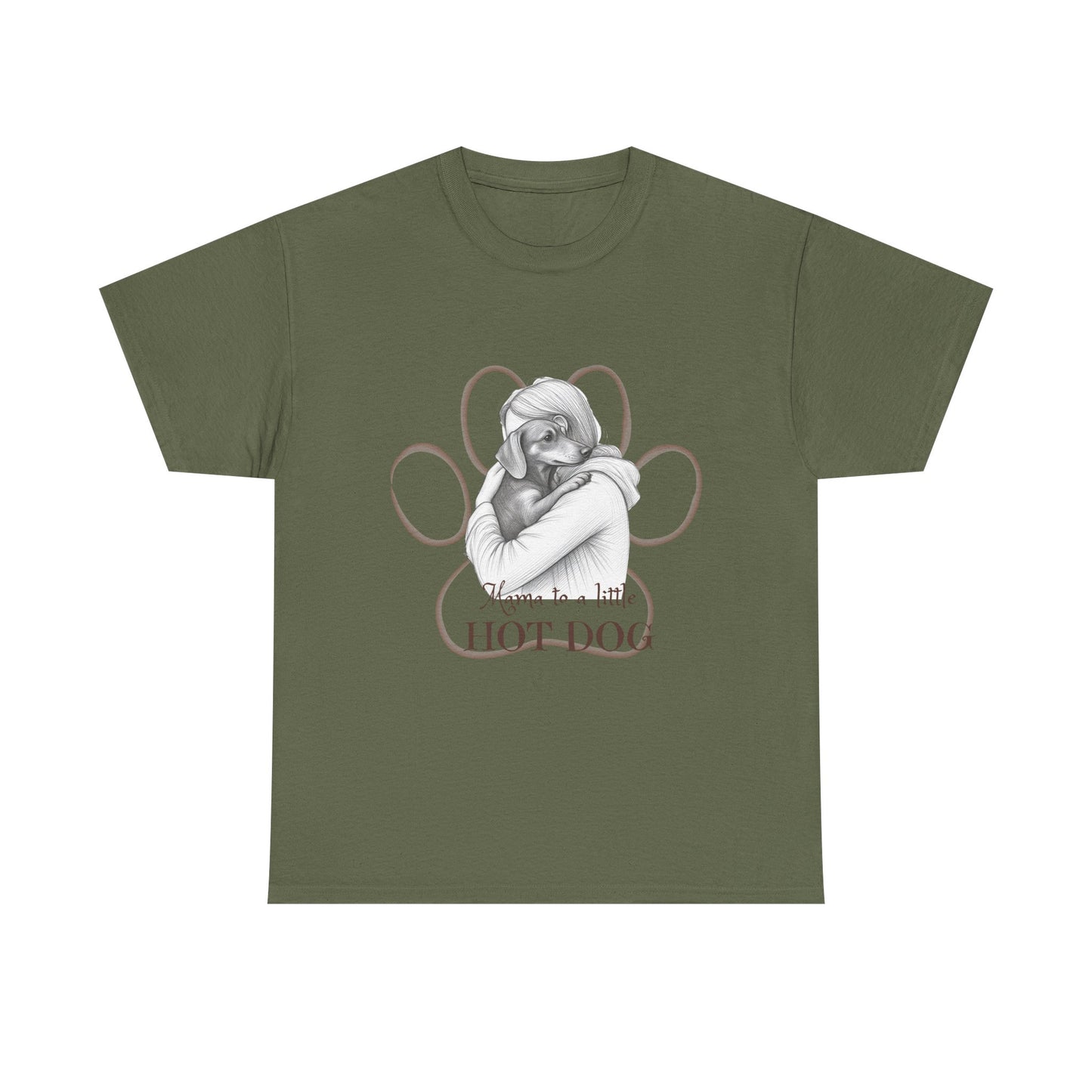 T‑Shirt — Retro Mom Dog Illustration with “MAMA to a Little HOT DOG” Text