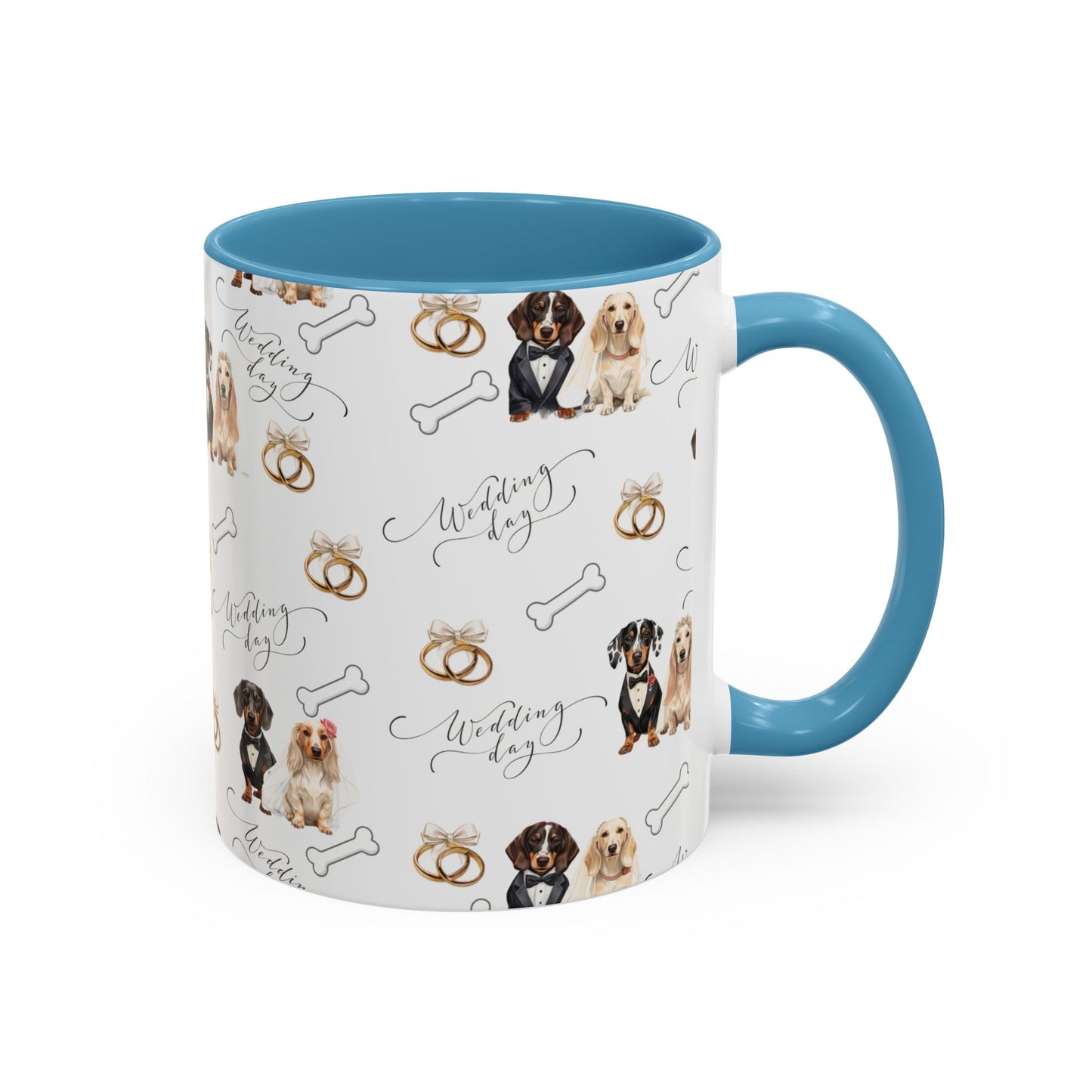 Wedding Dogs Coffee Mug — Cute Dachshund & Golden Retriever Pattern with 'Wedding Day' Accents (11/15oz)