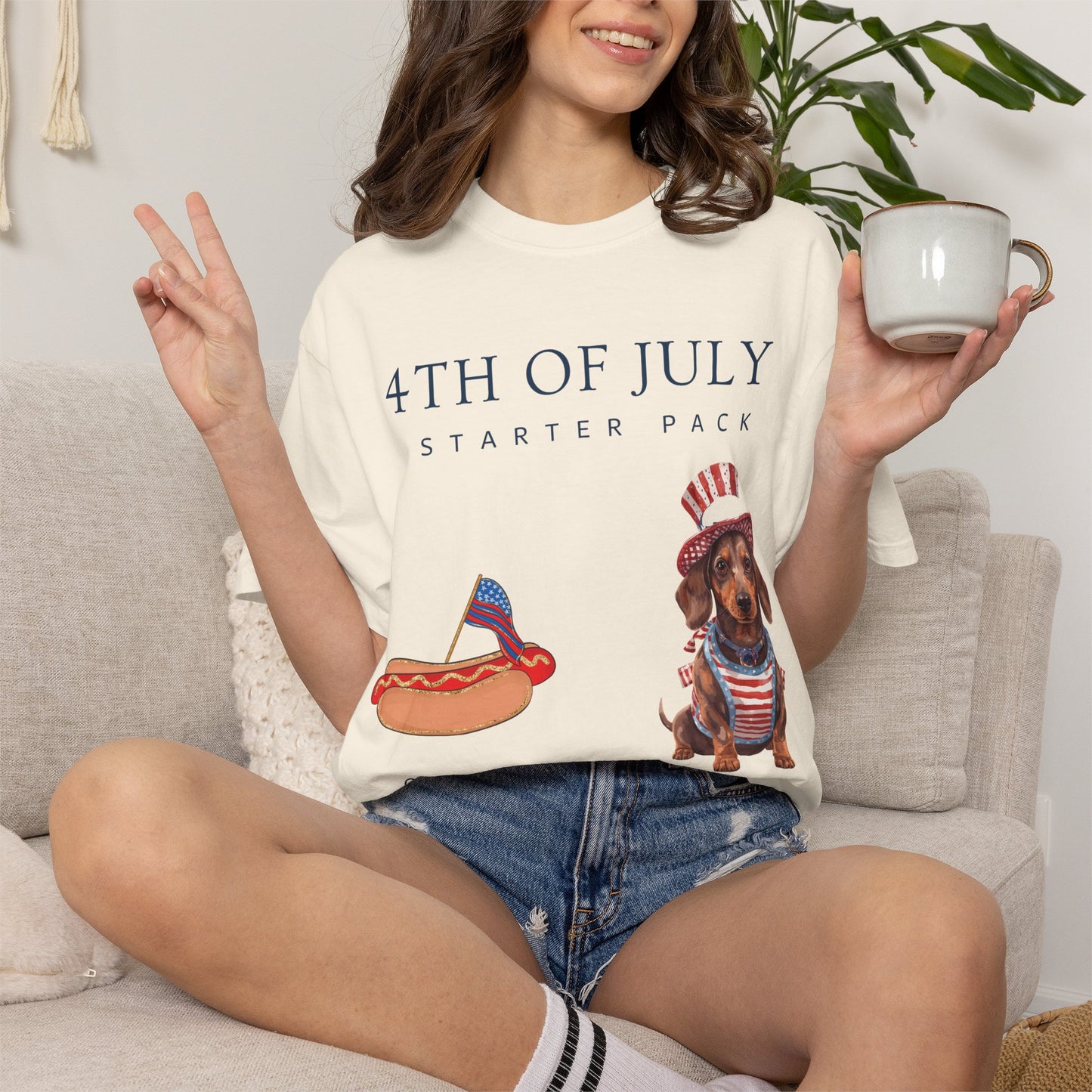 T-Shirt — "4th of July Starter Pack" Patriotic Dachshund Hot Dog Graphic Tee