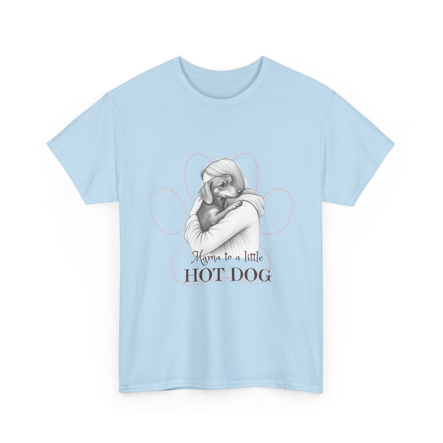 T‑Shirt — Retro Mom Dog Illustration with “MAMA to a Little HOT DOG” Text