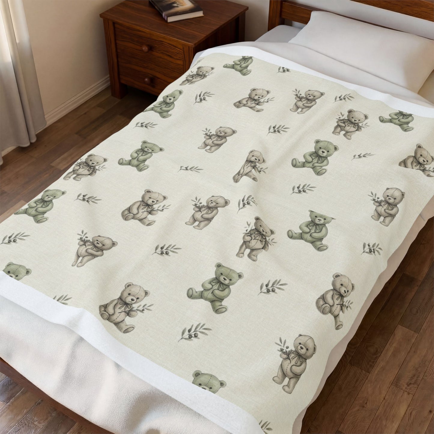Teddy Bear Velveteen Plush Blanket — Soft Neutral Nursery Throw for Baby Shower & Newborn