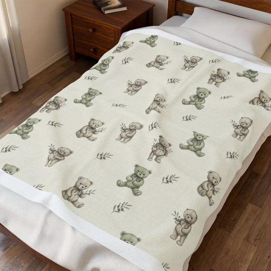 Teddy Bear Velveteen Plush Blanket — Soft Neutral Nursery Throw for Baby Shower & Newborn
